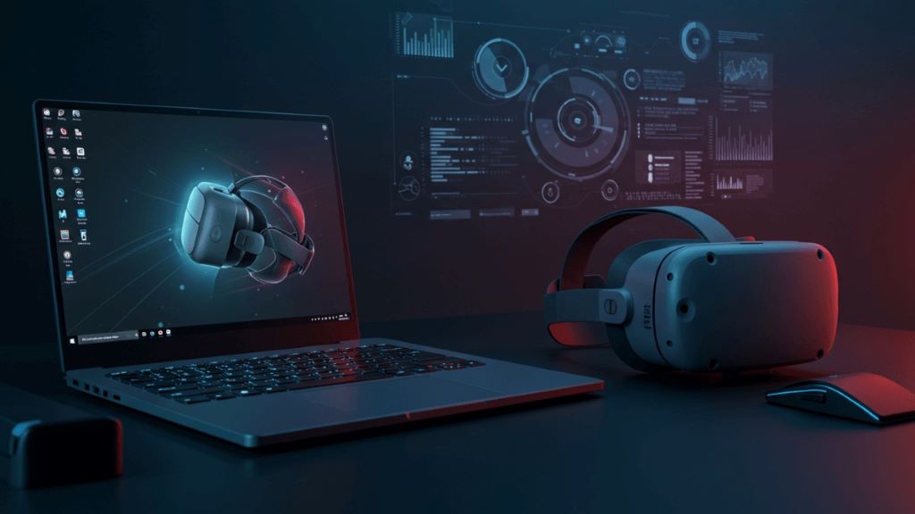 A gaming laptop connected to a VR headset, illustrating steps to optimize performance for virtual reality