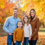 Family dressed in coordinated outfits posing for a photoshoot, capturing stylish and picture-perfect memories