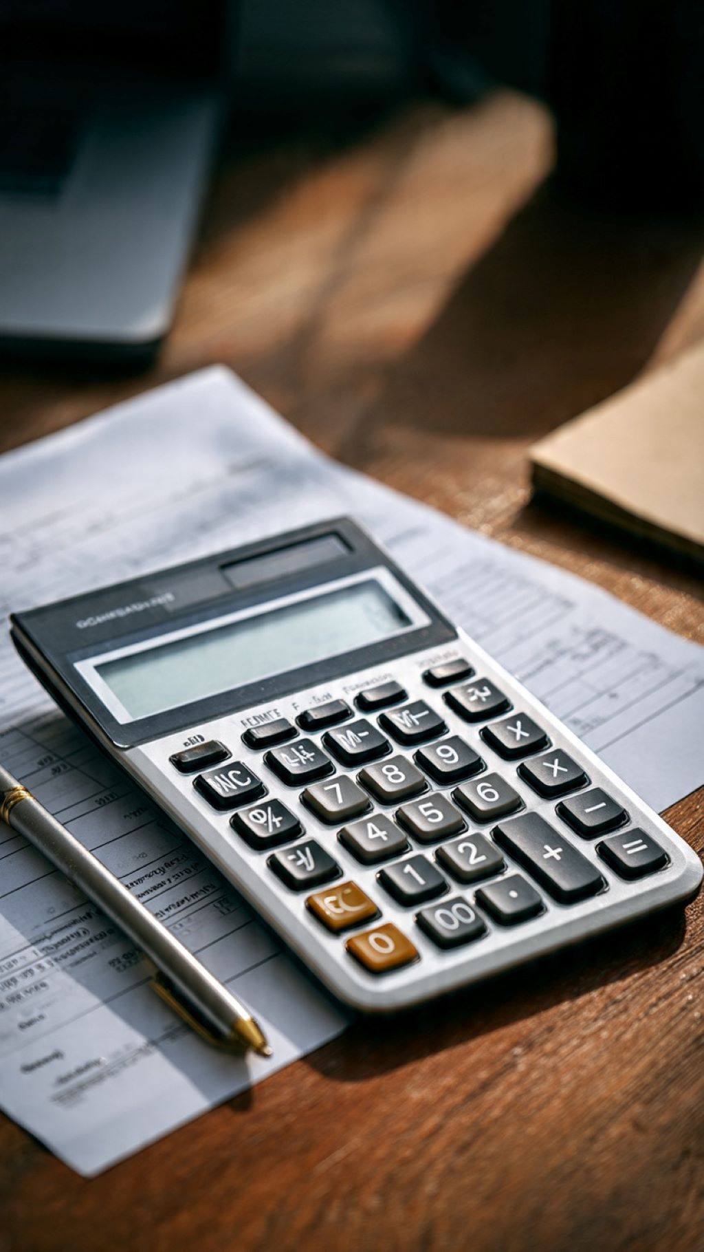 Financial calculator showing loan principal and interest breakdown with payment schedule on desk