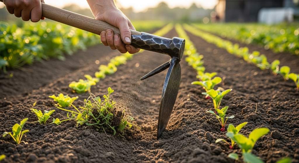 Gardener pushing a forged stirrup hoe through vegetable rows to remove weeds efficiently