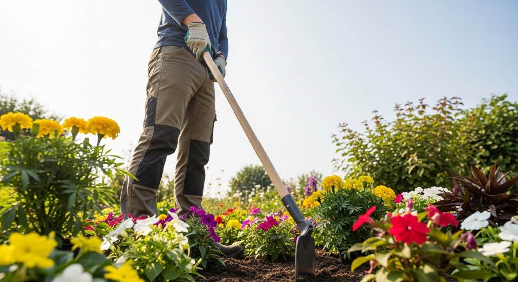 Person standing upright using long-handled collinear hoe with ergonomic grip in flower bed