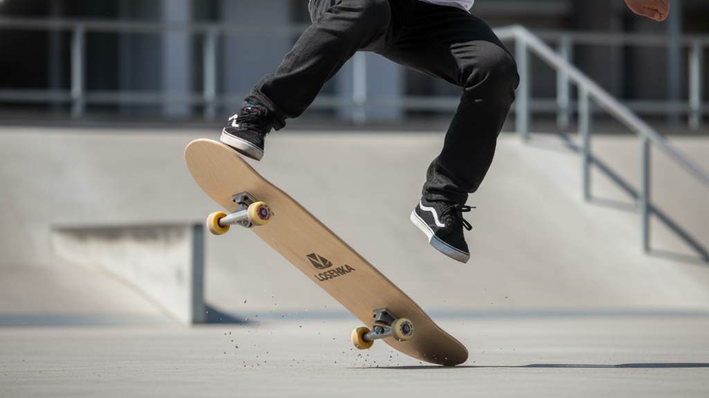 Skater performing ollie on LOSENKA performance deck demonstrating pop and stiffness in action
