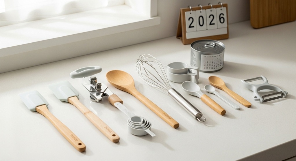 Budget-friendly kitchen utensils including pasta fork and spatula