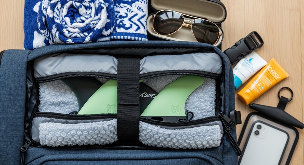 Surfboard fins packed safely in a padded fin travel case