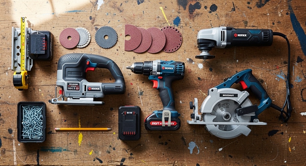 Beginner construction tools including cordless drill and circular saw