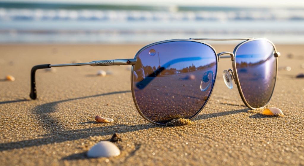 Close-up of women's polarized sunglasses resting on beach sand, designed for glare reduction and UV protection
