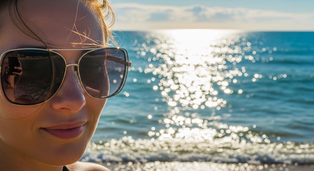 A woman wearing stylish polarized sunglasses on a sunny beach, with ocean waves reflecting bright light in the background