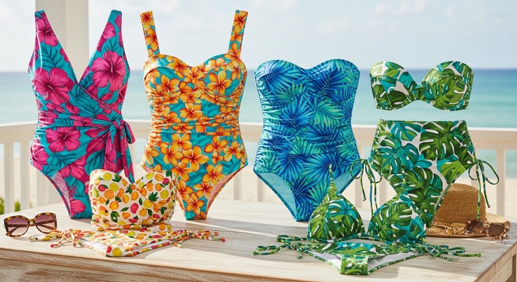 Stylish curve-friendly swimwear collection featuring one-piece and two-piece options in bright tropical prints for summer
