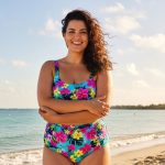 A confident plus size woman wearing a colorful high-waisted bikini at the beach, smiling in the summer sunshine.