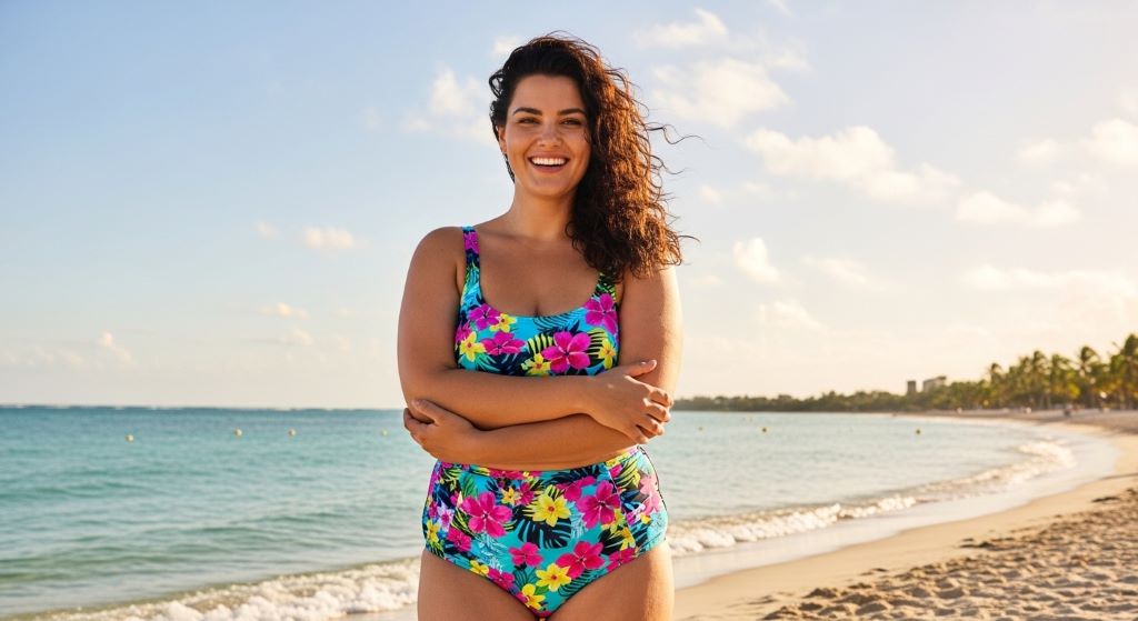 A confident plus size woman wearing a colorful high-waisted bikini at the beach, smiling in the summer sunshine.
