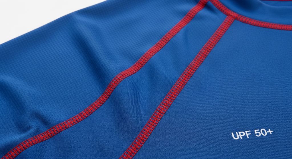 Close-up of a men's rash guard showing flatlock stitching and UPF fabric detail