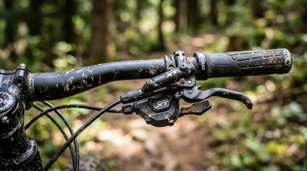 A cyclist's view from the handlebars while riding a bike through a sunlit forest trail.