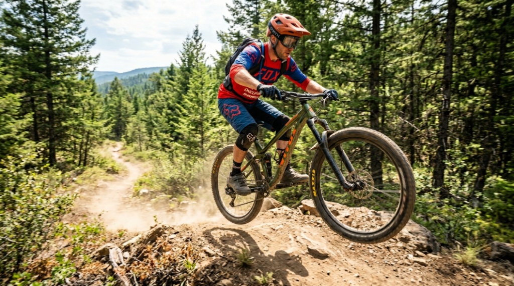 A cyclist's view from the handlebars while riding a bike through a sunlit forest trail.