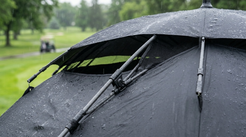 Close-up of a vented double canopy rain golf umbrella showing the airflow gap and fiberglass rib construction
