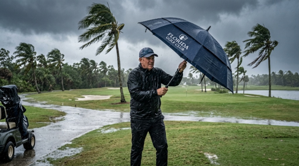 Golfer holding a large windproof golf umbrella on a Florida course during a heavy rainstorm with palm trees bending in the wind