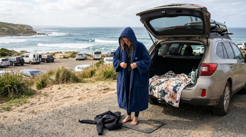 Surfer using a hooded beach changing robe to change clothes near the ocean