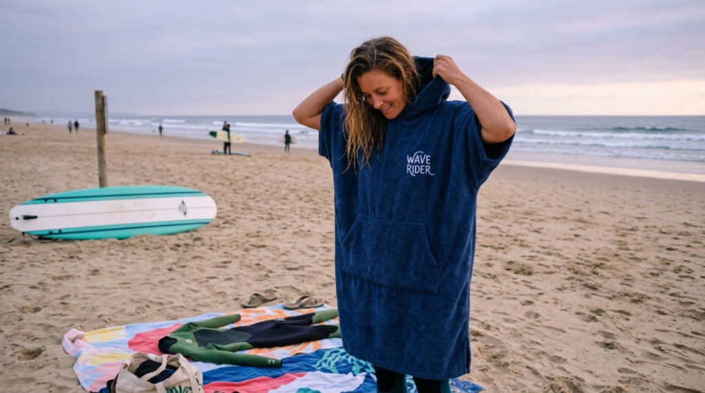 Person wearing a surf poncho changing robe on a sandy beach after a surf session