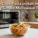 Steaming bowl of penne pasta next to a microwave with recipe title text overlay.