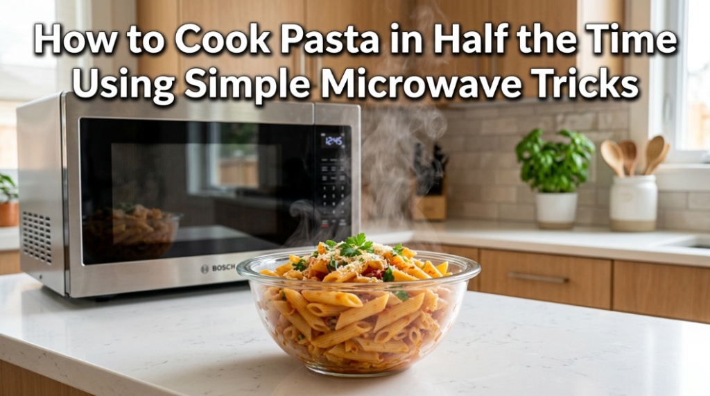 Steaming bowl of penne pasta next to a microwave with recipe title text overlay.