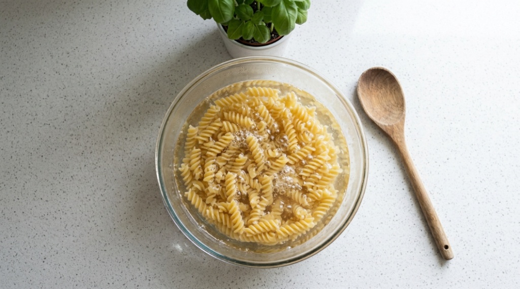Dry pasta submerged in a glass bowl of water covered with a plate inside a microwave.