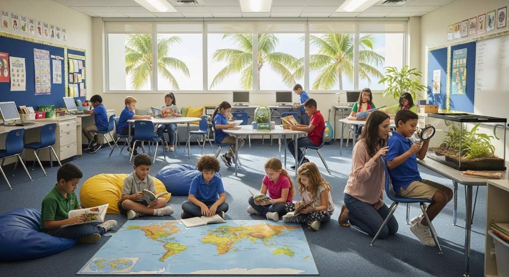 Teacher guiding collaborative learning session in Miami high school