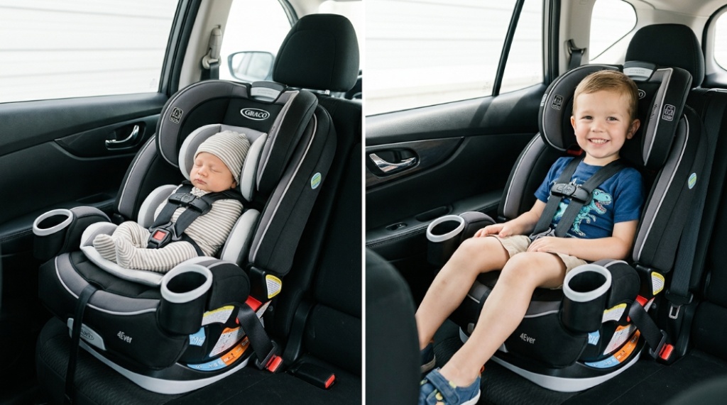 Side-by-side view of a convertible car seat adjusted for an infant and a toddler.