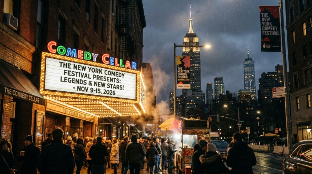Iconic Manhattan skyline at night with bright marquee lights outside a comedy venue during festival week in November 2026