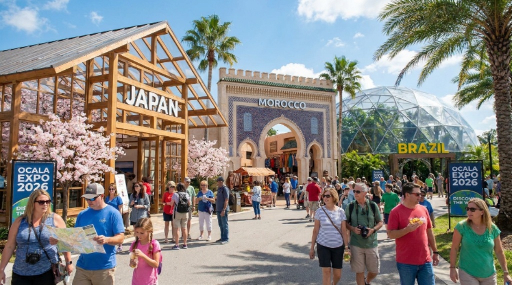 Visitors exploring global travel destination pavilions at the 2026 Ocala expo