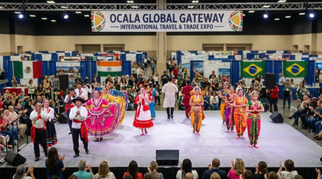 Cultural performers on stage at an international travel and trade expo in Ocala