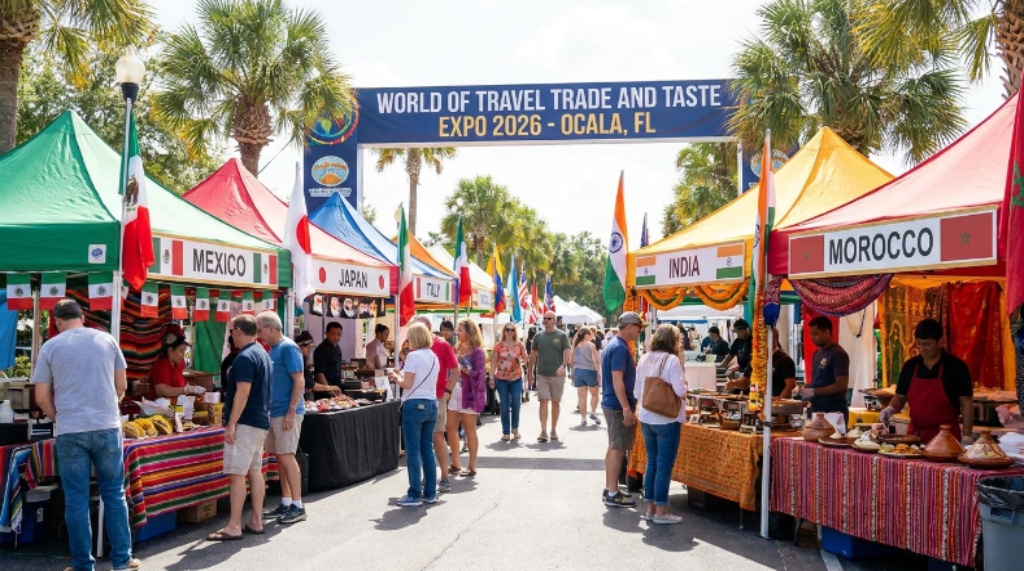 Colorful international food booths at the World of Travel Trade and Taste Expo 2026 in Ocala Florida
