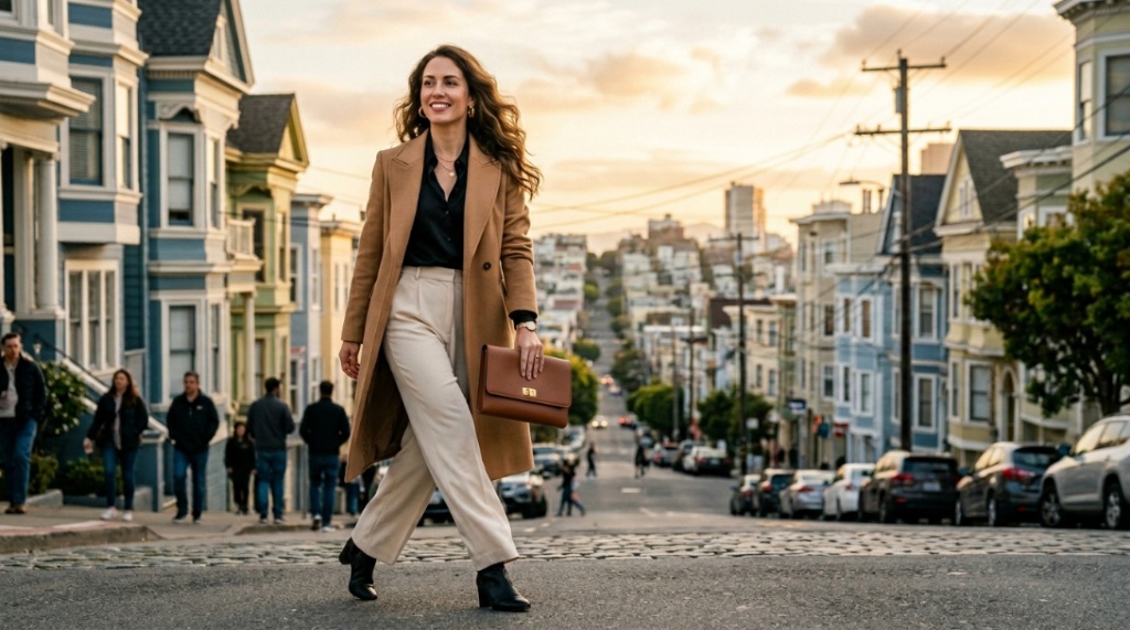 Woman holding leather clutch bag on hilly San Francisco street.