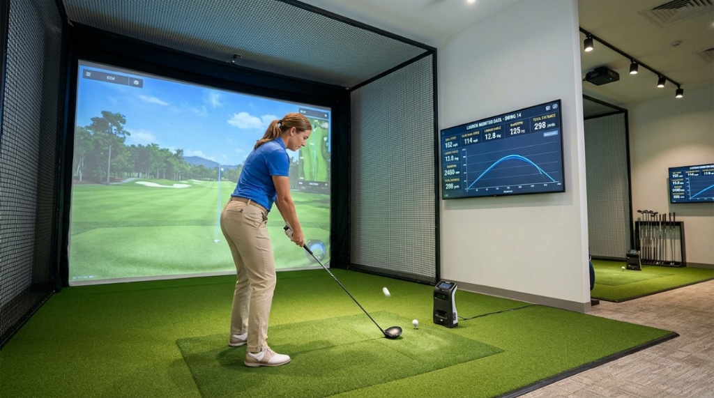 A golfer analyzing swing data on a simulator screen during a club fitting.