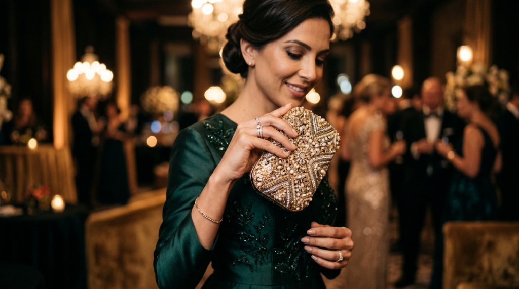 Woman holding luxury metallic evening clutch bag at formal event.