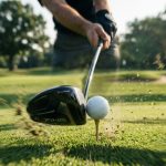 A close-up shot of a modern driver hitting a golf ball on a tee.