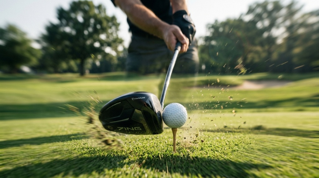 A close-up shot of a modern driver hitting a golf ball on a tee.
