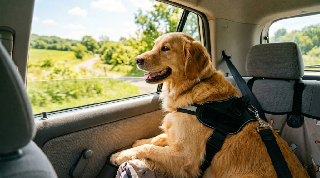 A dog wearing a neck collar incorrectly attached to a car tether.