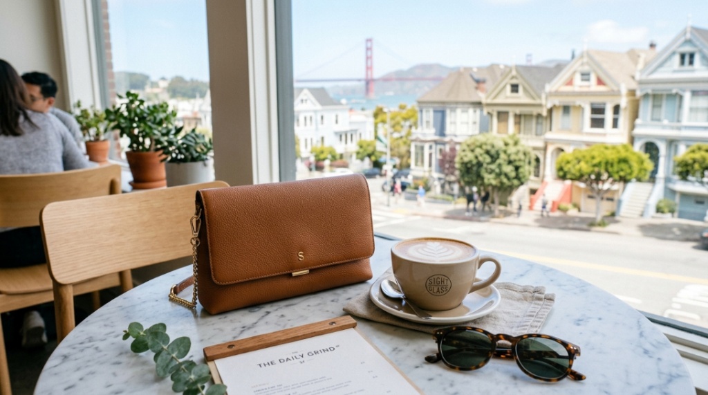 Trendy casual clutch bag on cafe table next to coffee.
