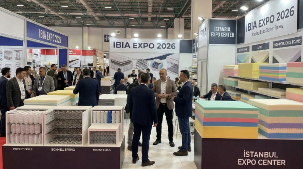 Mattress industry exhibitors displaying spring systems and sponge materials at IBIA Expo 2026 Istanbul Expo Center Turkey