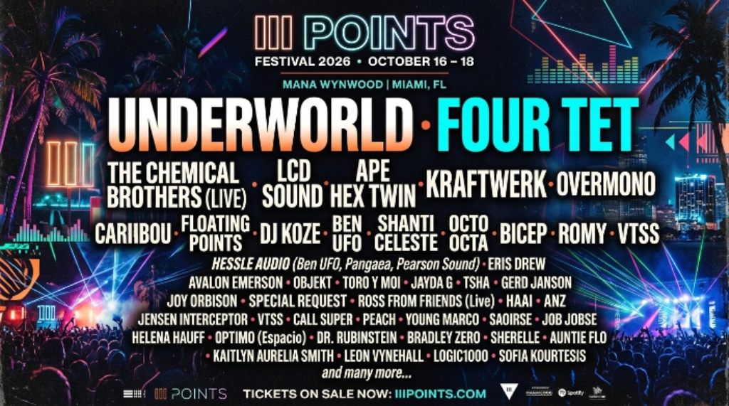 III Points Festival 2026 lineup poster featuring Underworld and Four Tet