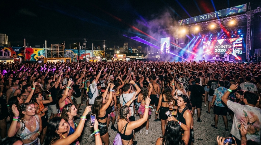 Crowd at III Points Festival 2026 at Mana Wynwood Miami at night