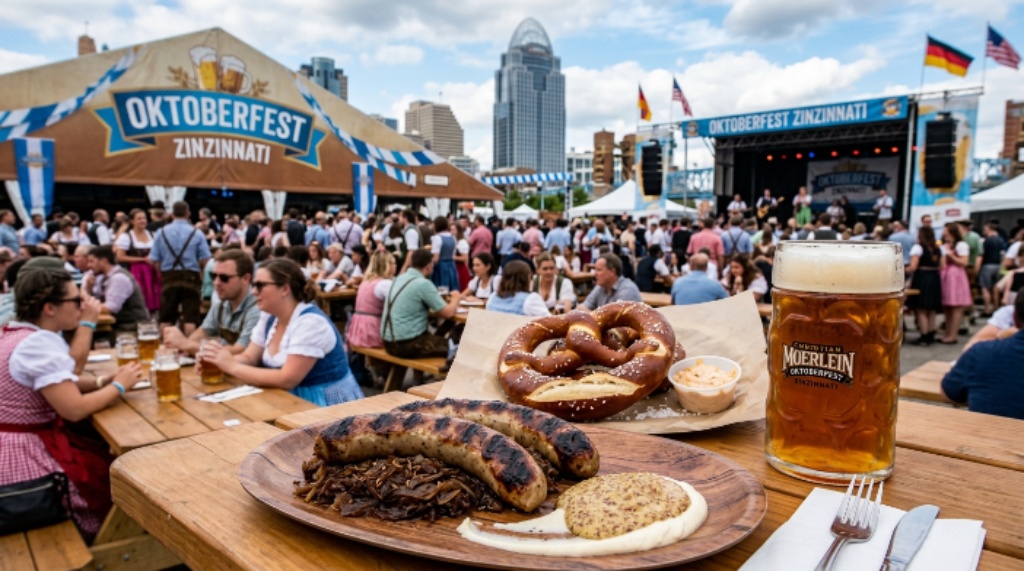 Traditional German bratwurst and pretzels at Oktoberfest Zinzinnati festival