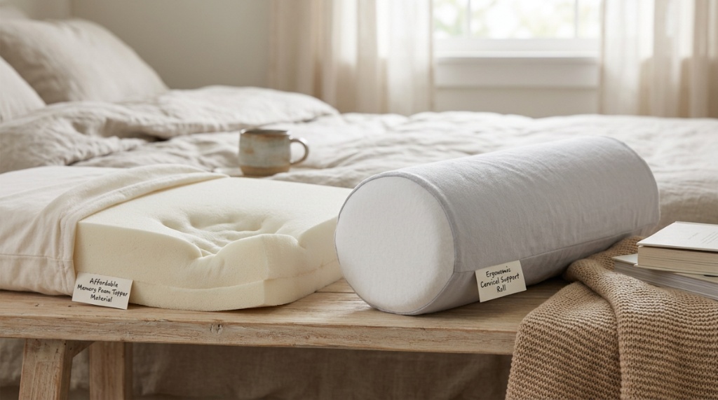 Three different budget-friendly cervical support pillows displayed on a white bed.