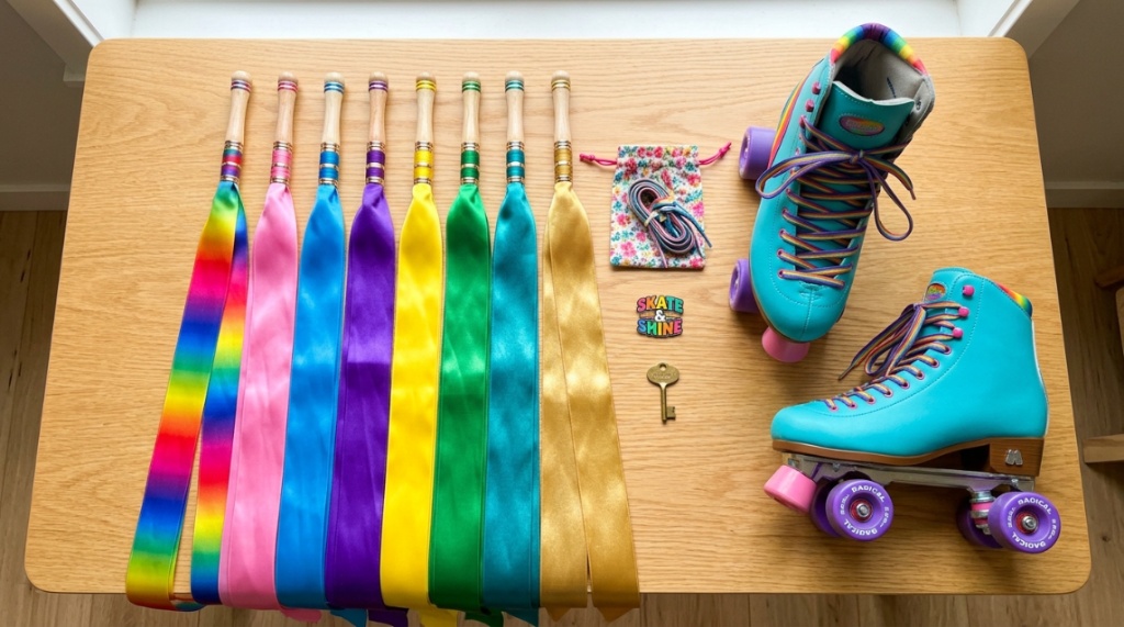 Colorful skating ribbons laid out next to a pair of skates.