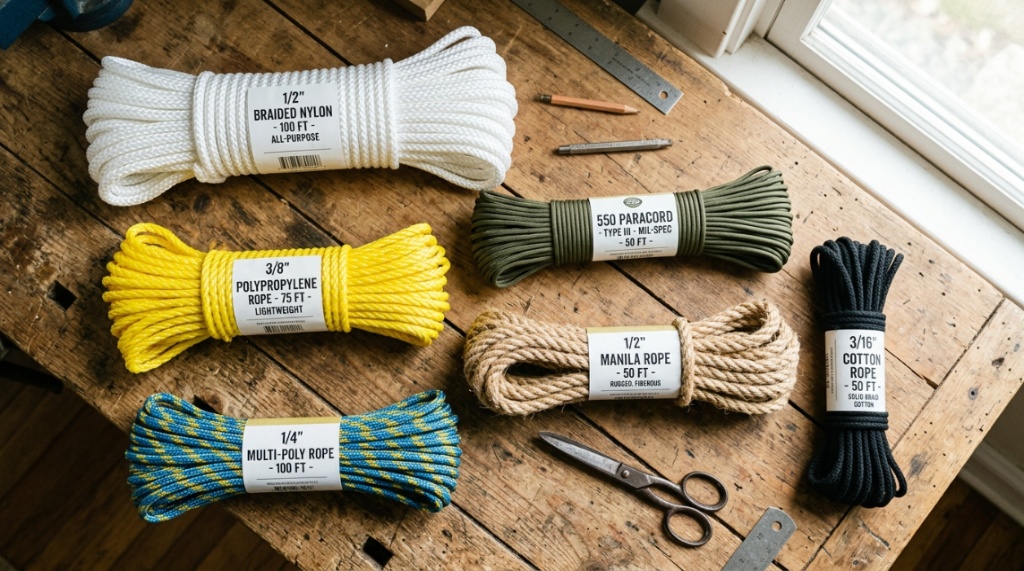 Assorted multi-purpose ropes coiled neatly on a wooden workbench.