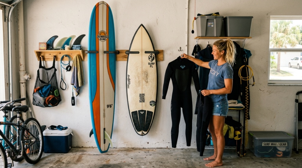 Minimalist surfboard wall rack displayed in a sunny Florida beach home.