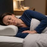A person sleeping on their side with a contoured memory foam orthopedic pillow.