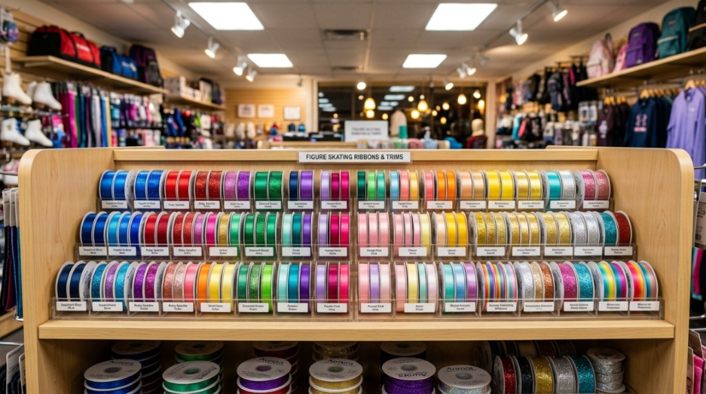 Spools of various colored skating ribbons displayed on a shelf.