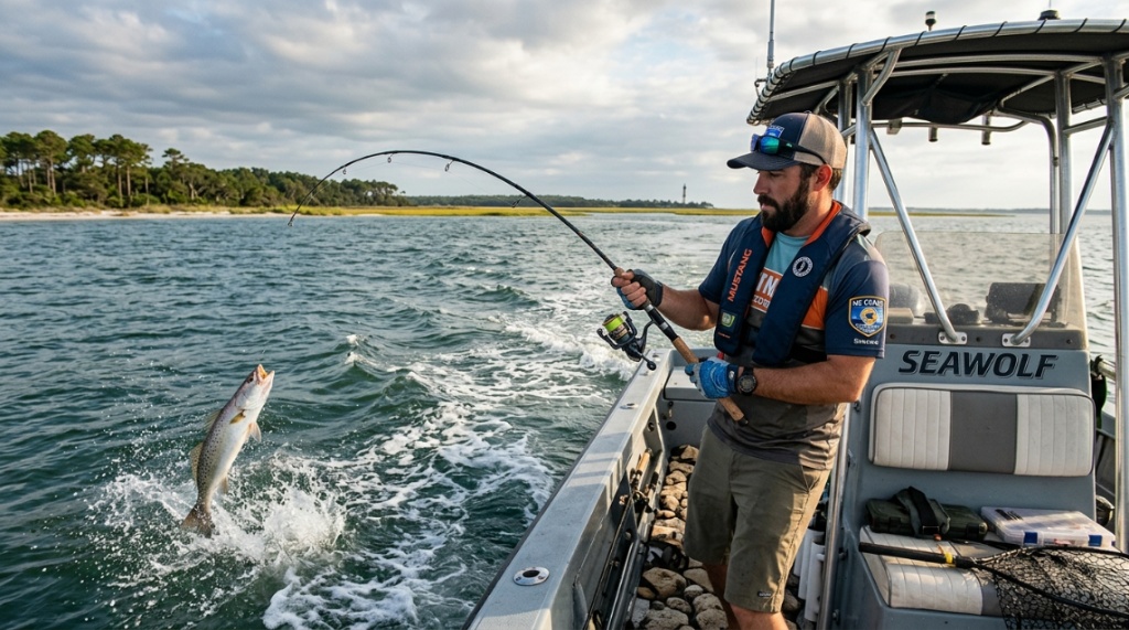 Man wearing a fishing life jacket on a boat in North Carolina.
