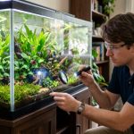 Hand pointing to a hairline crack on a clear glass aquarium tank.