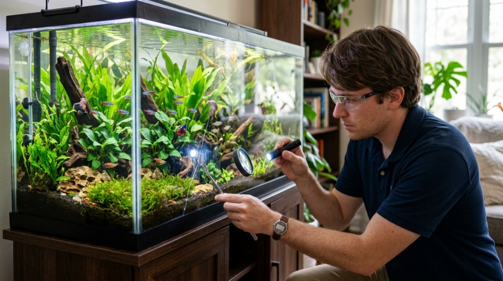 Hand pointing to a hairline crack on a clear glass aquarium tank.